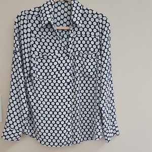 Express Navy and White Polka Dot Button-Down Shirt